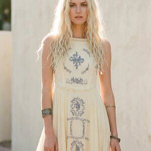 Rare Free People Diamonds in the Sky Dress | Ivory & Blue Embroidered Boho Midi